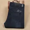 Calças Jeans Retas Elásticas de Verão Azul Escuro Algodão Fino Fibra de Poliéster Luxo Casual Calças Masculinas