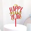 Decoración para Pastel de Feliz Año Nuevo 2026 Adorno Acrílico Nochevieja Cuero Rojo Decoración de Moño 3D Inserto