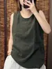 Camiseta Holgada de Algodón Vintage Versátil Nueva de Verano Talla Grande para Mujer Top sin Mangas de Algodón Lino Cuello Redondo