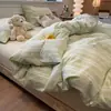Conjunto de cama simples de quatro peças xadrez listrado feito de algodão puro, textura de algodão lavado, lençol e capa de edredom, conjunto de três peças para dormitório
