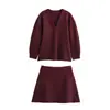 Estilo Europeu e Americano Inverno Nova Moda Conjunto Feminino Simples Casaco de Tricô Ponto Plano Mini Saia de Quadril Saia