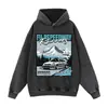 Sudadera negra vintage retro desgastada con estampado de patrón de montaña nevada japonesa, top de moda, sudadera desgastada en stock