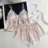 Conjunto de Pijama de Camisola de Seda para Mujer de Verano con Estampado Plateado, Cómodo Conjunto de Dos Piezas de Camisola y Shorts para Estar en Casa