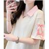 1,00 kg-150,00 kg Plus Size Waffle Polo Collar Manga curta Camiseta feminina Verão Novo Solto Slim-fit Bow Top