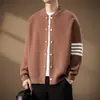 Suéter de punto a rayas de cuatro barras para hombre, suéter cárdigan de cuello redondo para pareja, estilo old money, otoño e invierno, venta al por mayor de fábrica transfronteriza