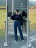 Novo estilo de verão, jeans tecido para mulheres petite, realça a altura 150cm, perna larga, cintura alta, jeans listrado azul escuro, comprimento total