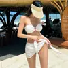 Biquíni Três Peças Estilo Coreano Transfronteiriço que Cobre a Barriga e Emagrece, Biquíni Branco Estilo Ins para Férias na Praia