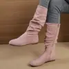 Botas femininas plus size de cano médio transfronteiriças, novo estilo outono e inverno 2026, zíper lateral, botas de salto bloco estilosas, botas western de camurça com sola reta
