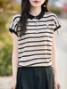 Nuevo Top de Manga Corta Rayado Bordado con Solapa Estilo Coreano Chic Adelgazante Transpirable Amigable con la Piel Versátil Capa Base para Mujer