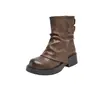 Botas de tornozelo plataforma femininas, nova coleção outono/inverno 2026, botas curtas marrons retrô, botas estilo western, calças boot cut