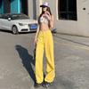 Calça jeans feminina casual de perna larga, estilo coreano, estilo sweet girl, cintura alta, solta, slim, antienvelhecimento, com costura machete