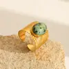 Anillo de Estilo Retro de Corte Francés Turquesa Africana Ovalada Anillo Abierto de Cara Ancha Moda Femenina Elegante Anillo de Acero de Titanio