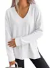 Amazon Comercio Exterior Transfronterizo Otoño/Invierno 2026 Nueva Camiseta de Waffle de Color Sólido con Cuello en V Holgada de Manga Larga con Abertura para Mujer