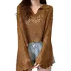 Suéter de Mujer 2026 de Gama Alta para Verano Calado de Punto de Manga Larga para Mujer Top Corto con Cuello Solapa y Manga Acampanada