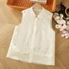 Top Colete Retro de Alta Qualidade Confortável de Verão Novo Estilo Chinês High-End Bordado de Flores de Renda Gola Alta Botão