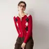 ¡Protagonista femenina gentil y elegante! Cárdigan de cachemira con patrón de rombos en color contrastante jacquard para mujer, suéter retro suave y esponjoso, simple y casual