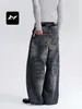 Jeans retrô americano com bigodes de gato para homens e mulheres, corte solto, lavado e desgastado, calça reta de perna larga versátil