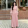 Vestido Largo de Verano Primavera Estilo Francés de Nicho Cuello Alto Mangas Largas Plisadas Vestido de Malla Cintura Ceñida Falda Adelgazante Moda Femenina