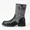 Botas de media caña para mujer con punta redonda, tacón grueso y diseño de retazos, con hebillas metálicas, estilo de bota de trabajo y una estética británica retro, perfectas para otoño e invierno y versátiles para cualquier atuendo.