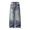 Pantalones vaqueros holgados para hombre, estilo americano, de calle, lavados y desgastados, con un aire moderno, lavado descolorido, efecto arrugado y diseño de pierna ancha y recta.