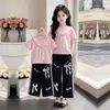 Moda Coreana 2026 Elegante Individual Fino Manga Curta Verão Fofo Tendência Laço Calça de Perna Larga Casual Conjunto de Duas Peças