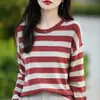 Novo top de tricô listrado com blocos de cor e gola redonda para outono e inverno, versão coreana elegante e moderna, modelagem solta, camada interna quente