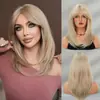 Estilo Europeo y Americano Cabello Liso en Capas a la Altura del Hombro Hottie Asiática Flequillo de Forma de Ocho Gris Claro Dorado Peluca Completa Hecha a Máquina de Alta Calidad Venta al por Mayor