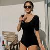Traje de baño Sexy para Mujer Negro Cuello Cuadrado Manga Corta Triángulo Estudiante Adelgazante Vacaciones Aguas Termales Traje de Baño Corea del Sur Ins