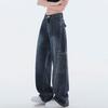 Pantalones Cargo de Mezclilla Azules Grisáceos de Doble Cara con Bolsillo Grande de Diseño Recto de Cintura Alta Sueltos de Largo Hasta el Suelo Talla Grande Pierna Ancha para Mujer