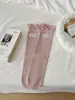 Calcetines holgados de sal marina azul grisáceo para primavera y otoño para mujer, calcetines dulces de estilo coreano a rayas florales de media pantorrilla, estilo fino y transpirable con bordes rizados