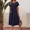 Comércio Exterior Transfronteiriço Amazon Vestido Feminino Europeu e Americano Novo Cor Sólida Gola Redonda Bolso Plissado Manga Curta Vestido de Algodão e Linho
