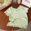 Camiseta Curta para Meninas Estilo Novo 2026, Moda Estilo Coreano com Mangas Bufantes, Camiseta de Seda Gelada com Renda, Cor Sólida de Verão