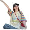 Playera Holgada de Algodón Puro a Rayas Dopamina de Verano para Mujer, Versión Coreana con Graffiti Divertido, Top Moderno de Manga Empalmada de Largo Medio