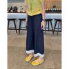 [Pantalones de Encaje] Estilo Ins Coreano Verano Color Imitación Denim Caídos Versátiles Empalmados Encaje Nueve Puntos Pierna Ancha Casual