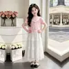 2026 Moda Estilo Coreano Adorno de Encaje Falda Larga Color Verano Bloque de Color Raya Chal Manga Corta Casual Conjunto de Dos Piezas