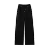 Calça reta de cordão com dois bolsos pretos para mulheres, novo estilo primavera 2026, simples, moderna, versátil, calça esportiva casual de perna larga