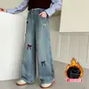 Jeans Forrados de Polar para Niñas 2025 Invierno Nuevo Estilo para Niños Mayores, Pantalones Elegantes con Lazo, Pantalones Rectos Integrados de Polar