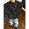 Camiseta de Manga Larga con Cuello Alto Tie-Dye Desgastado Retro Streetwear Americano para Hombres y Mujeres Peso Pesado Primavera/Otoño Marca de Moda Versátil