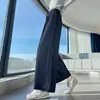 Calça larga de sarja com textura de bambu, imitando algodão e linho, para mulheres, novo estilo de outono, cintura alta, modelagem solta, casual, com fendas laterais, calça reta cropped
