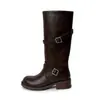 Moda beleza estilo coreano~2026 botas de cavaleiro de couro bovino integral com fivela de cinto, salto médio grosso, bico redondo, botas longas de cano alto em couro genuíno
