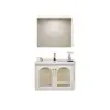 Gabinete de baño de estilo lujo ligero, minimalista y rústico, una combinación de madera maciza para uso doméstico, con un lavabo cerámico integrado para lavarse las manos y la cara