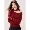 Sim Suéter vermelho francês ombro a ombro com gola alta para mulheres, estilo novo, blusa casual de tricô de seda brilhante