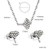 Joia Versátil da Moda com Strass Coroa Fresca Pingente de Coração Colar Pequenos Brincos de Tarraxa Conjunto de Joias de Aço Inoxidável para Mulheres