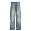 Calça Jeans Corrente Digital 3D Azul para Homens e Mulheres, Calça Casual Reto Loose Versátil Tendência Retro Americana