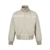 Jaqueta Boxy Retrô Outono/Inverno Patchwork Americano Lavada Desgastada Gola Alta Canelada Jaqueta com Zíper para Homens e Mulheres
