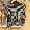 Estilo Japonês~Camiseta Listrada Manga Longa Francesa Gola Canoa Solta Design com Fenda Moda Casual Nova Roupa Feminina Sy460297