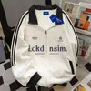 Design Estilo Coreano Outono e Inverno Moletom Solto com Estampa de Letras para Mulheres Forrado com Lã Espessado Jaqueta Cardigan com Zíper e Três Listras Tendência