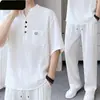 Verão Fino Estilo Nacional Novo Estilo Chinês Terno Masculino Simples Casual Gola Botão Manga Curta Calça Longa Conjunto de Duas Peças Novo