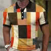 Camisa Polo Europeia e Americana Masculina Transfronteiriça Tendência com Estampa Digital 3D, Bloqueio de Cor Xadrez, Manga Curta, Colarinho Cuban