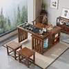 Juego de Mesa Giratoria para Té y Sillas de Madera Maciza para Uso Doméstico, Adecuado para Apartamentos Pequeños, con Tetera Integrada, Mesa Giratoria Móvil y Plegable